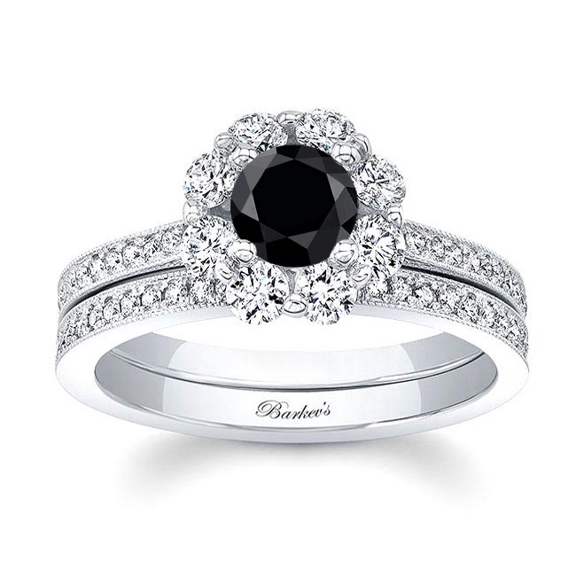 Platinum Halo Black And White Diamond Ring Set