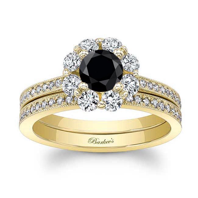 Yellow Gold Halo Black And White Diamond Ring Set