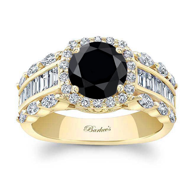 Yellow Gold Black And White Diamond Baguette Ring