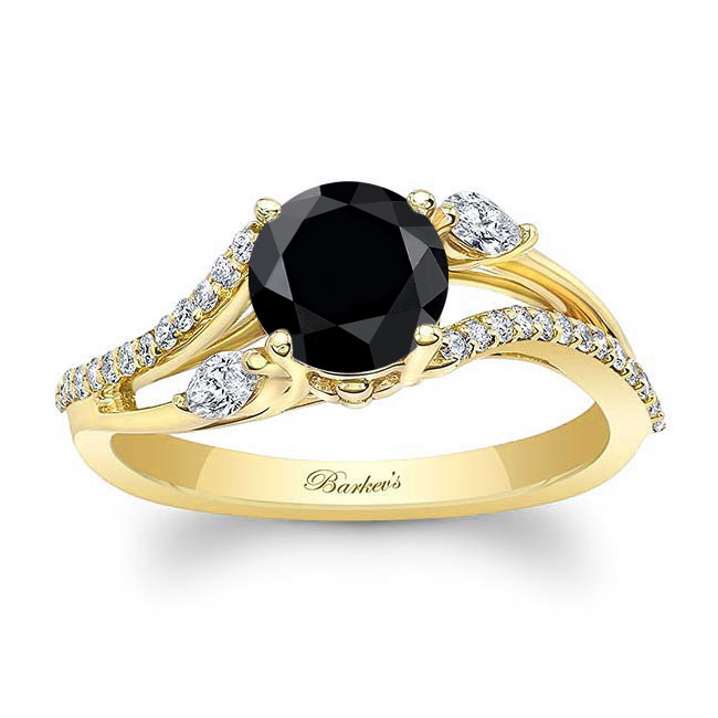 Yellow Gold Curved Split Shank Black And White Diamond Ring Image 1