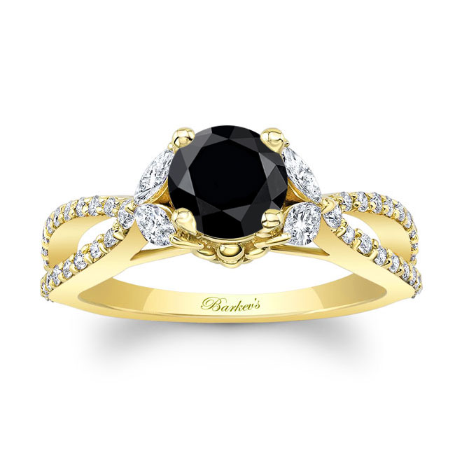 Yellow Gold Black And White Diamond Leaf Ring