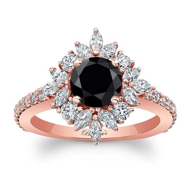 Rose Gold Marquise Halo Black And White Diamond Engagement Ring