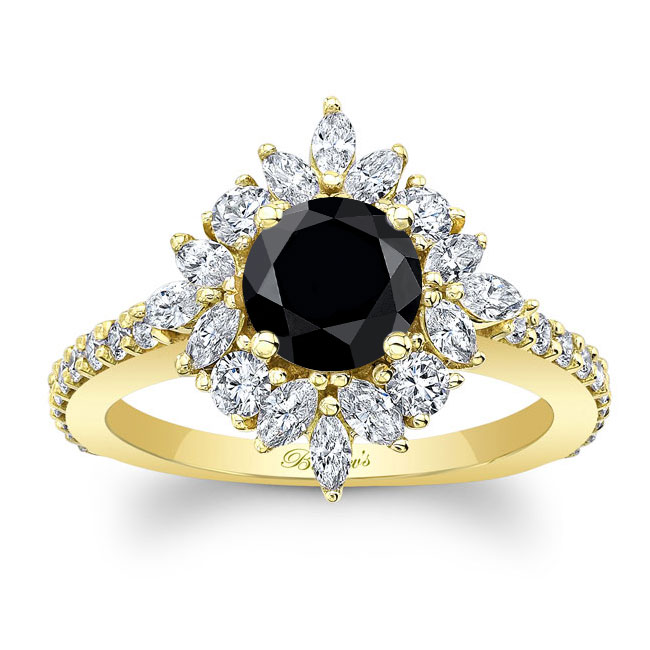 Yellow Gold Marquise Halo Black And White Diamond Engagement Ring