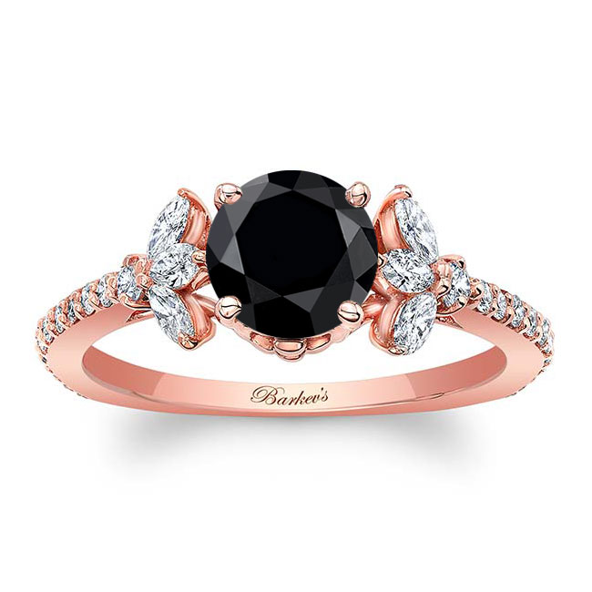 Rose Gold Black And White Diamond Leaf Engagement Ring