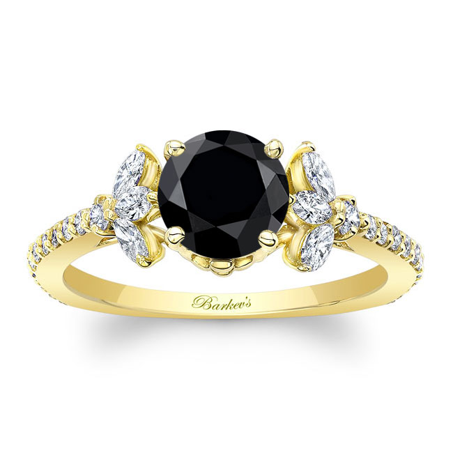 Yellow Gold Black And White Diamond Leaf Engagement Ring