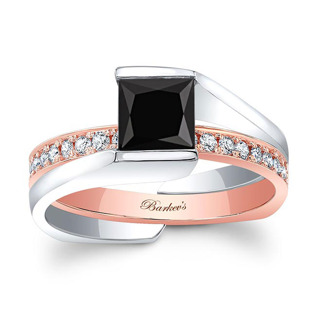 White Rose Gold Interlocking Princess Cut Black And White Diamond Ring Set