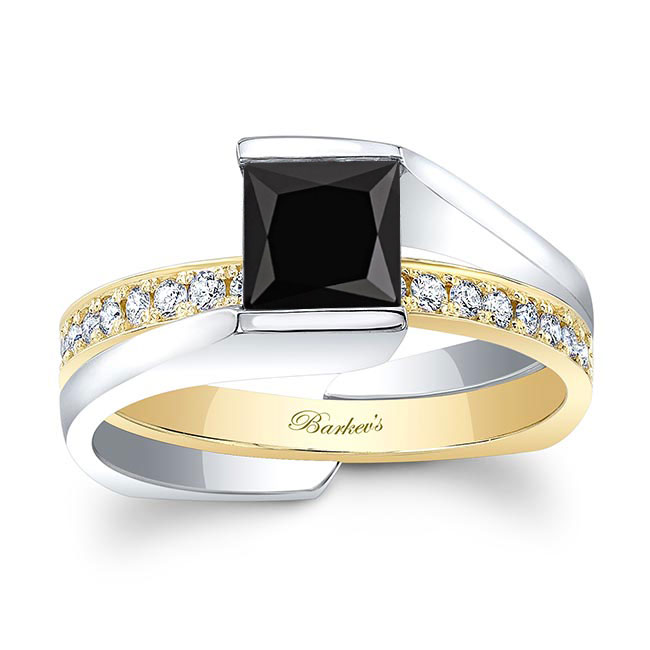White Yellow Gold Interlocking Princess Cut Black And White Diamond Ring Set