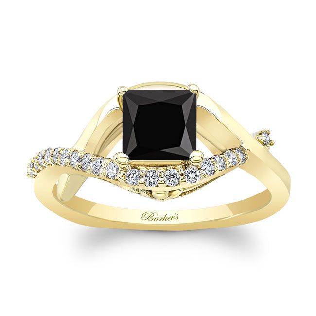  Yellow Gold Criss Cross Princess Cut Black And White Diamond Engagement Ring Image 1