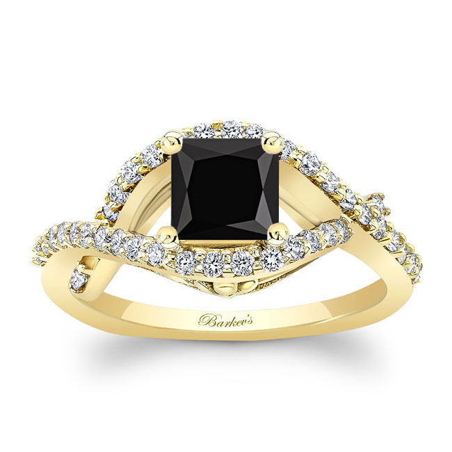 Yellow Gold Criss Cross Princess Cut Black And White Diamond Ring