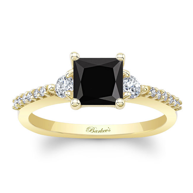  Yellow Gold Black And White Diamond 3 Stone Princess Cut Engagement Ring Image 1