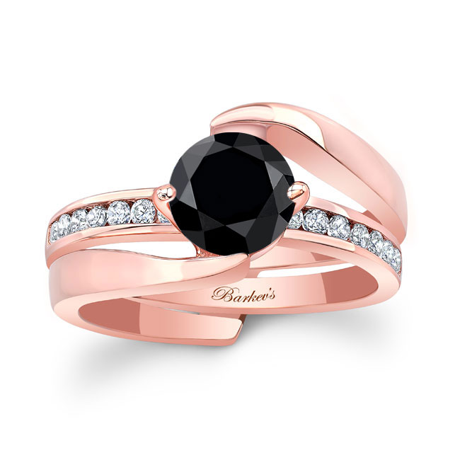 Rose Gold Interlocking Black And White Diamond Wedding Ring Set