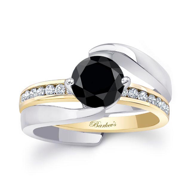 White Yellow Gold Interlocking Black And White Diamond Wedding Ring Set