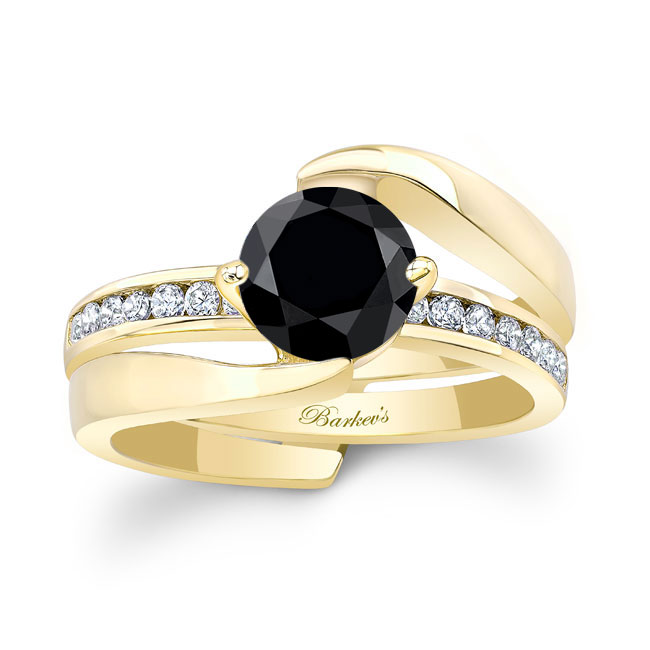 Yellow Gold Interlocking Black And White Diamond Wedding Ring Set