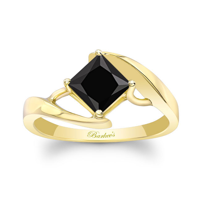  Yellow Gold Bypass Princess Cut Black And White Diamond Solitaire Ring Image 1