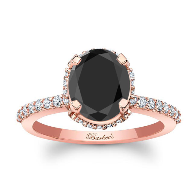 Rose Gold Hidden Halo Oval Black And White Diamond Engagement Ring