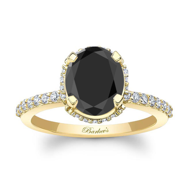 Yellow Gold Hidden Halo Oval Black And White Diamond Engagement Ring