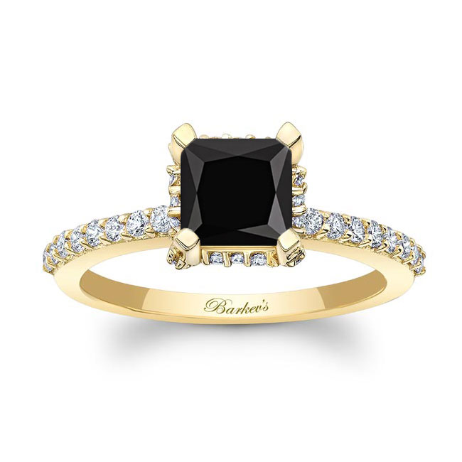 Yellow Gold Hidden Halo Princess Cut Black And White Diamond Engagement Ring