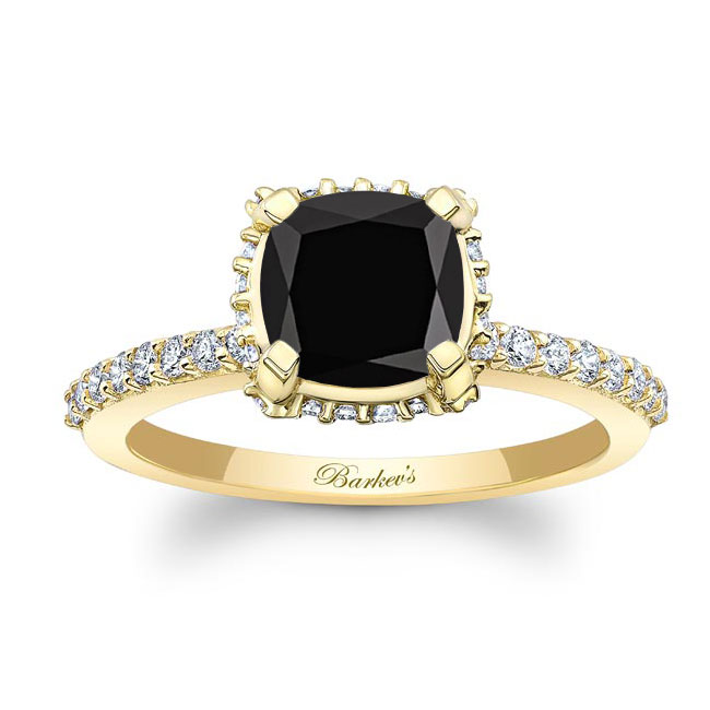 Yellow Gold Cushion Halo Black And White Diamond Engagement Ring
