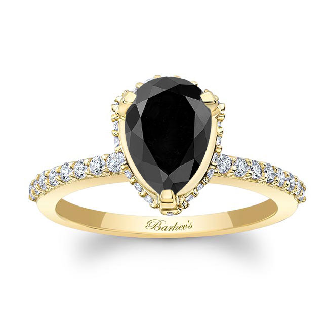 Yellow Gold Teardrop Black And White Diamond Engagement Ring