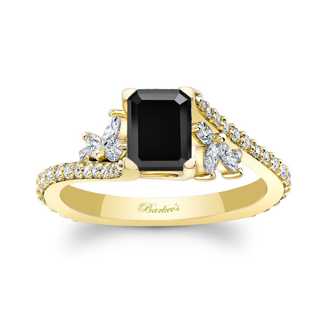  Yellow Gold 1 Carat Emerald Cut Black And White Diamond Ring Image 1