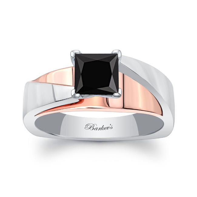White Rose Gold Princess Cut Black Diamond Cathedral Solitaire Ring