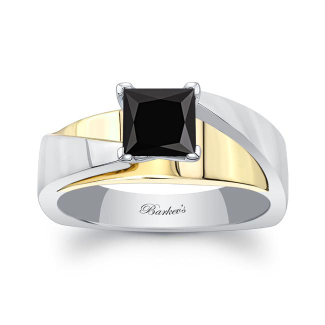 White Yellow Gold Princess Cut Black Diamond Cathedral Solitaire Ring