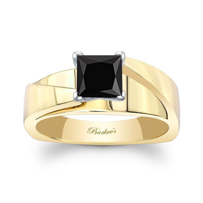 Yellow Gold Princess Cut Black Diamond Cathedral Solitaire Ring