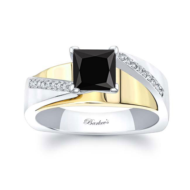 White Yellow Gold Princess Cut Pave Black And White Diamond Engagement Ring