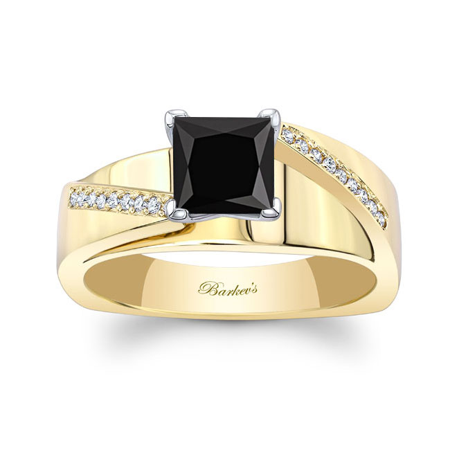 Yellow Gold Princess Cut Pave Black And White Diamond Engagement Ring