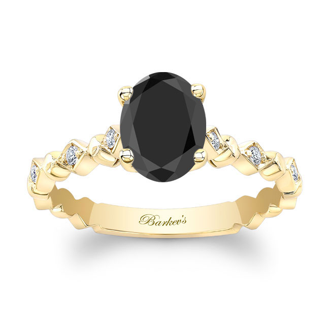 Yellow Gold Art Deco Oval Black And White Diamond Engagement Ring