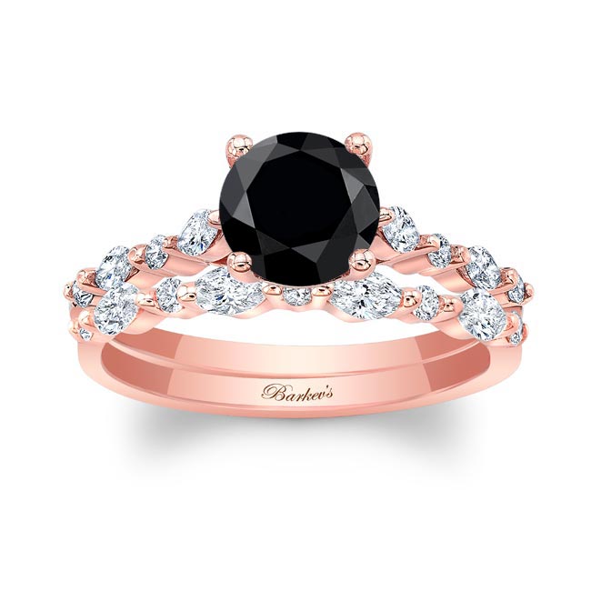 Rose Gold Vintage Style Black And White Diamond Wedding Ring Set