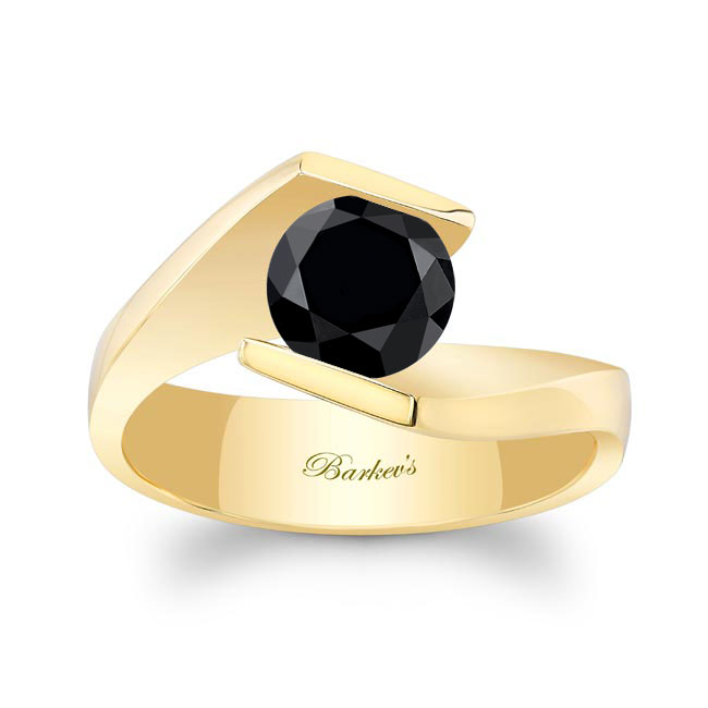 Yellow Gold Tension Solitaire Black Diamond Ring