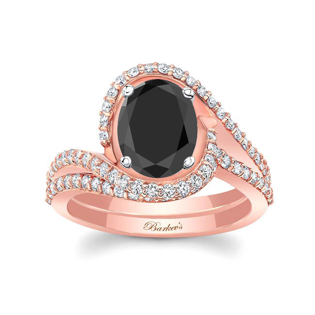 Rose Gold 2 Carat Oval Black And White Diamond Wedding Ring Set