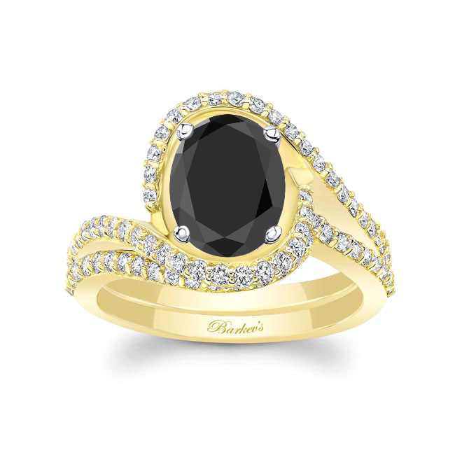 Yellow Gold 2 Carat Oval Black And White Diamond Wedding Ring Set