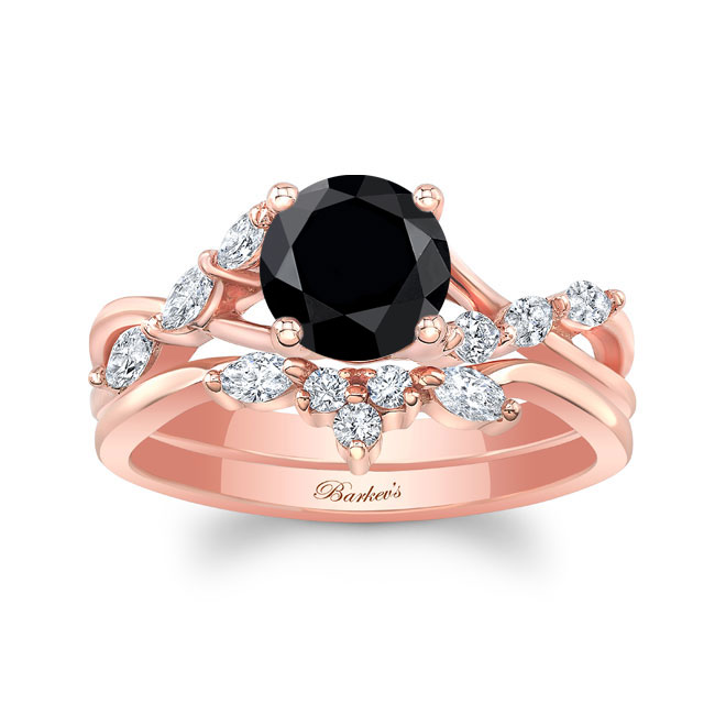 Rose Gold Black And White Diamond Marquise Accent Wedding Set
