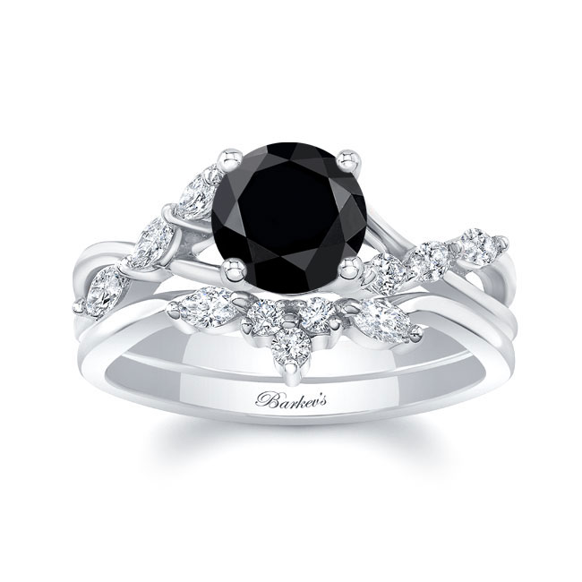 Marquise Black And White Diamond Engagement Ring With Wedding Band