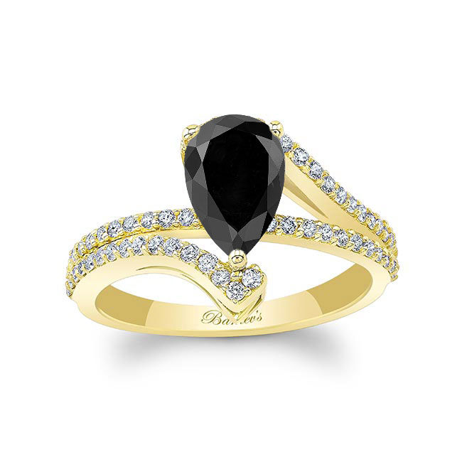 Yellow Gold Split Shank Pear Black And White Diamond Engagement Ring
