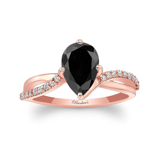 Rose Gold Pear Shaped Black And White Diamond Ring With Twisted Band