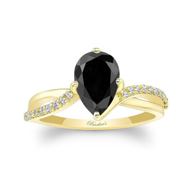  Yellow Gold Pear Shaped Black And White Diamond Ring With Twisted Band Image 1