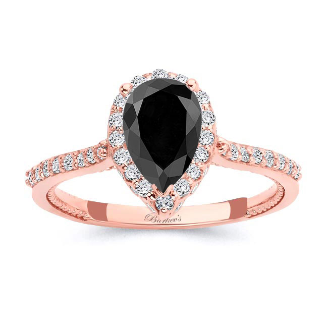  Rose Gold Eva Pear Shaped Black And White Diamond Halo Ring Image 1