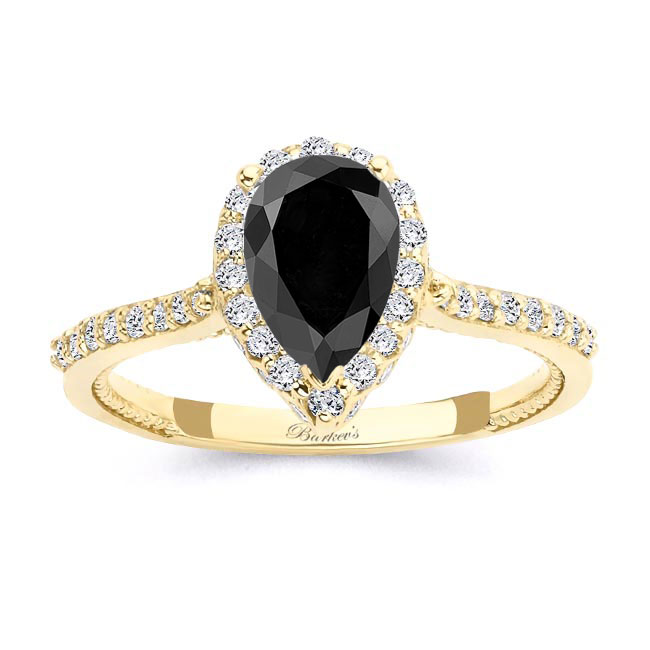  Yellow Gold Eva Pear Shaped Black And White Diamond Halo Ring Image 1