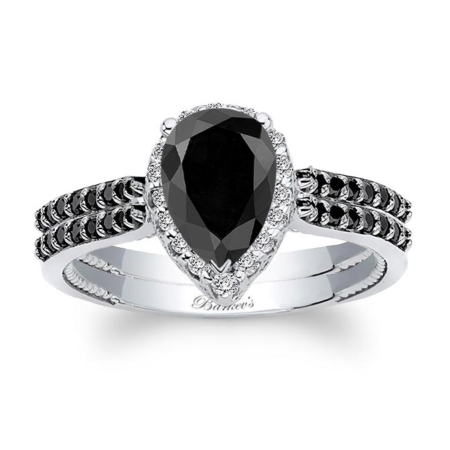  Eva Pear Shaped Black Diamond Halo Ring Set Image 1