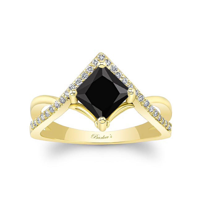Yellow Gold Unique Princess Cut Black And White Diamond Engagement Ring