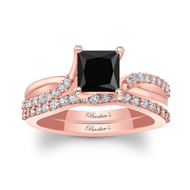 Rose Gold Princess Cut Black And White Diamond Ring Set