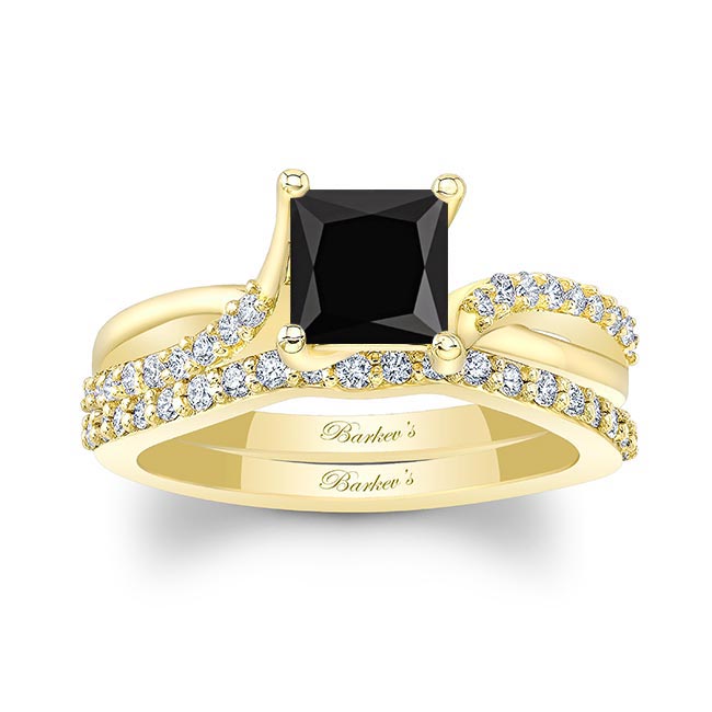 Yellow Gold Princess Cut Black And White Diamond Ring Set