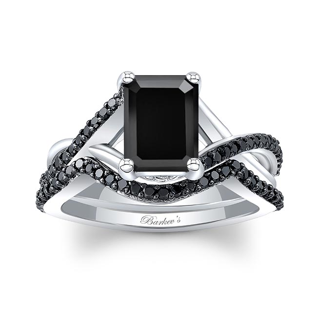  White Gold 2 Carat Emerald Cut Black Diamond Ring Set Image 1