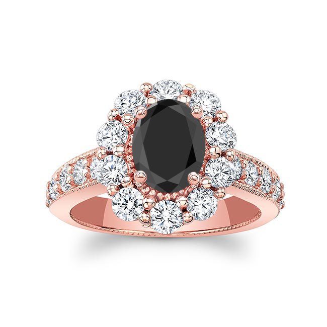  Rose Gold Oval Halo Black And White Diamond Ring Image 1