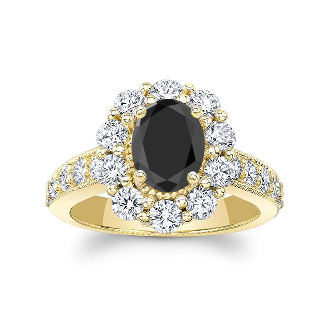  Yellow Gold Oval Halo Black And White Diamond Ring Image 1