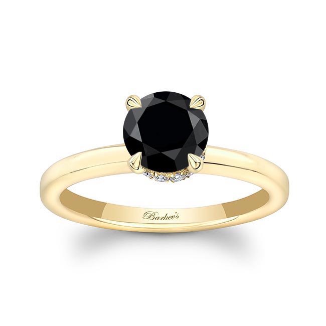 Yellow Gold Round Hidden Halo Black And White Diamond Engagement Ring