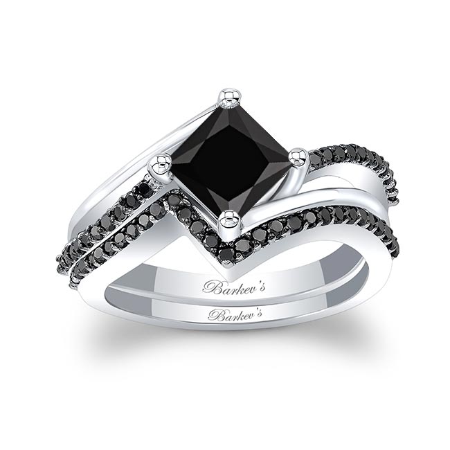  White Gold Princess Cut Black Diamond Engagement Ring Set Image 1